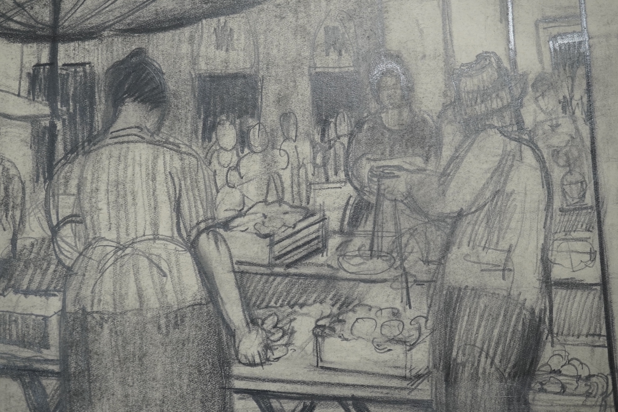 Adrian Paul Allinson ROI (1890-1959), two pencil / charcoals from the artists sketch book, Market scene and Tudor house, unsigned, unframed. Condition - fair, some tears